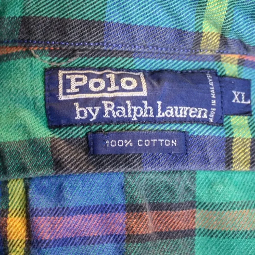 Polo Ralph Lauren Plaid Cotton Denim Button Down Shirt Top Blue Green